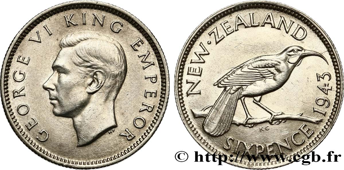 NOUVELLE-ZÉLANDE 6 Pence Georges VI 1943  TTB+ 