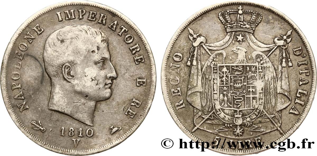 ITALIEN - Königreich Italien - NAPOLÉON I. 5 Lire, 2ème type, tranche en creux 1810 Venise fSS 