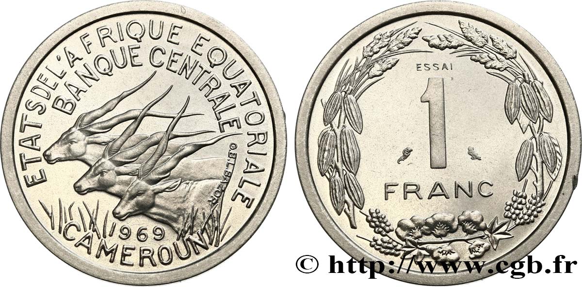 ÉTATS DE L AFRIQUE ÉQUATORIALE Essai de 1 Franc antilopes 1969  SPL 