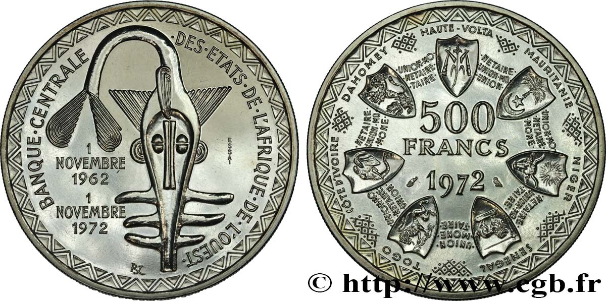 WESTAFRIKANISCHE LÄNDER Essai de 500 Francs masque 1972 Paris fST 
