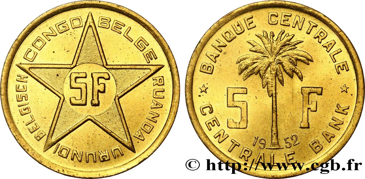 CONGO BELGA 5 Francs Banque Centrale Congo Belge-Ruanda-Urundi 1952  MS 