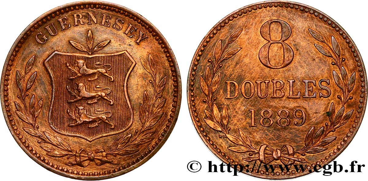 GUERNSEY 8 Doubles armes du baillage de Guernesey 1889 Heaton AU 