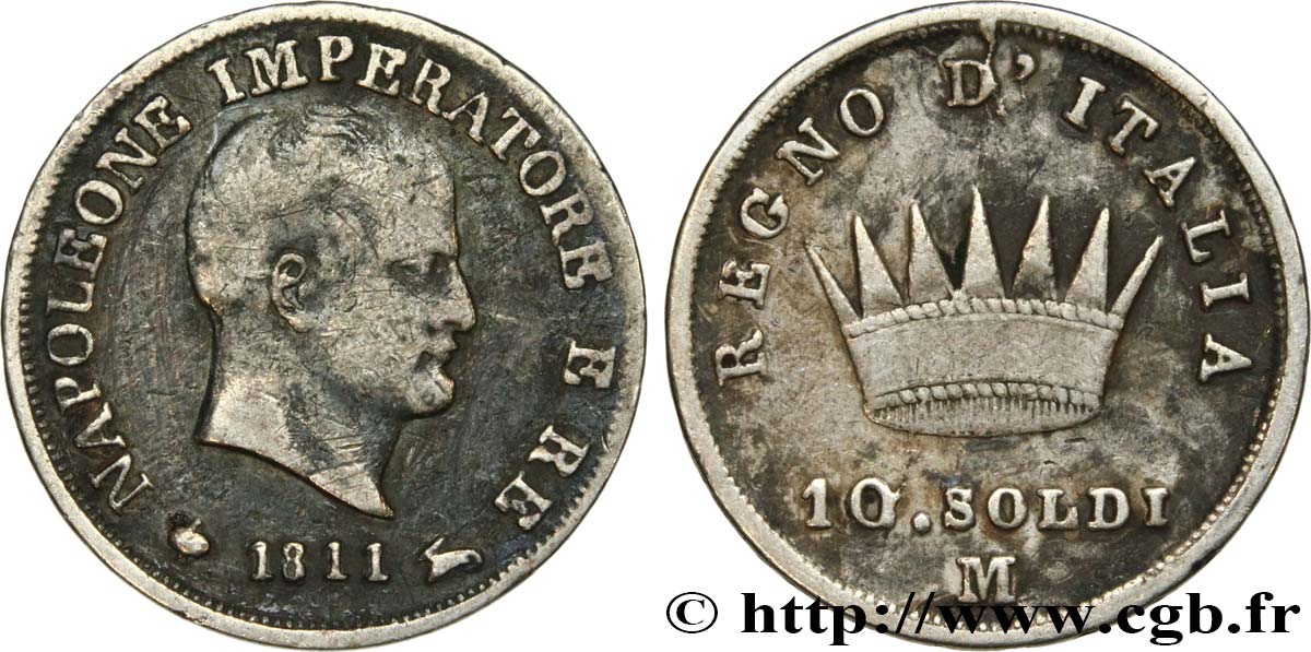 ITALIA - REINO DE ITALIA - NAPOLEóNE I 10 Soldi Napoléon Empereur et Roi d’Italie 1811 Milan - M BC 