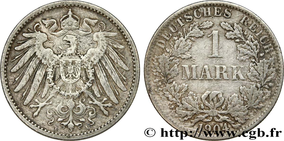 ALEMANIA 1 Mark Empire aigle impérial 2e type 1904 Berlin MBC+ 