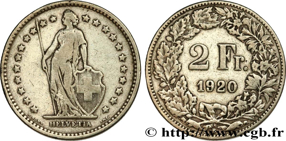 SUIZA 2 Francs Helvetia 1920 Berne BC 