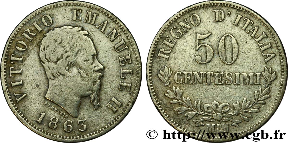 ITALIE 50 Centesimi Victor Emmanuel II 1863 Milan TB 