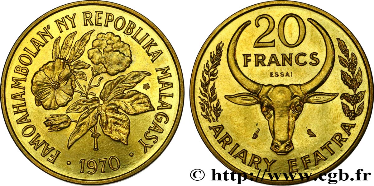 MADAGASKAR Essai de 20 Francs - 4 Ariary buffle / fleurs 1970 Paris ST 