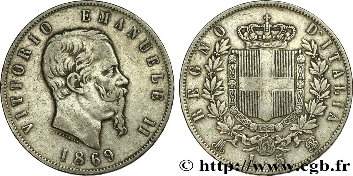 ITALIE 5 Lire Victor Emmanuel II 1869 Milan TB+ 