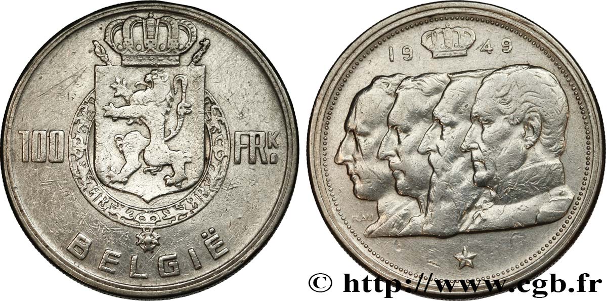 BELGIQUE 100 Francs bustes des quatre rois de Belgique, légende flamande 1949  TTB+ 