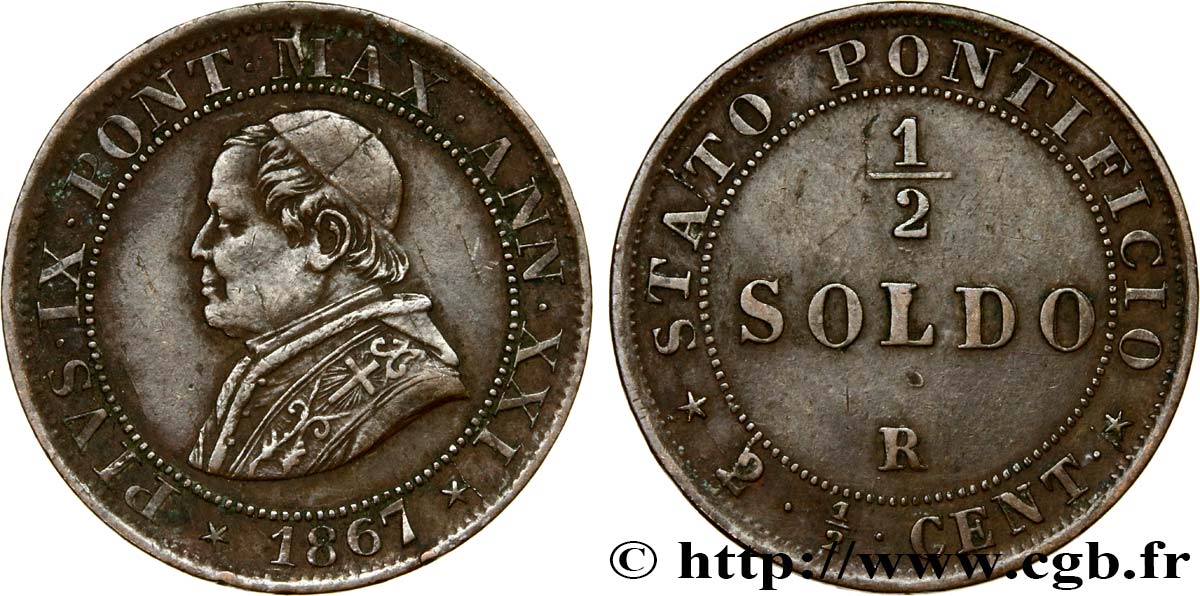 VATICAN AND PAPAL STATES 1/2 Soldo (2 1/2 centesimi) Pie IX an XXI 1867 Rome XF 