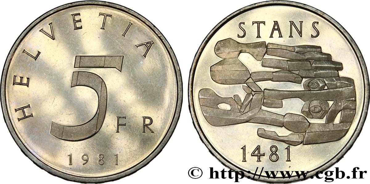 SWITZERLAND 5 Francs Proof 500e anniversaire du convenant de Stans 1481 1981 Berne - B MS 
