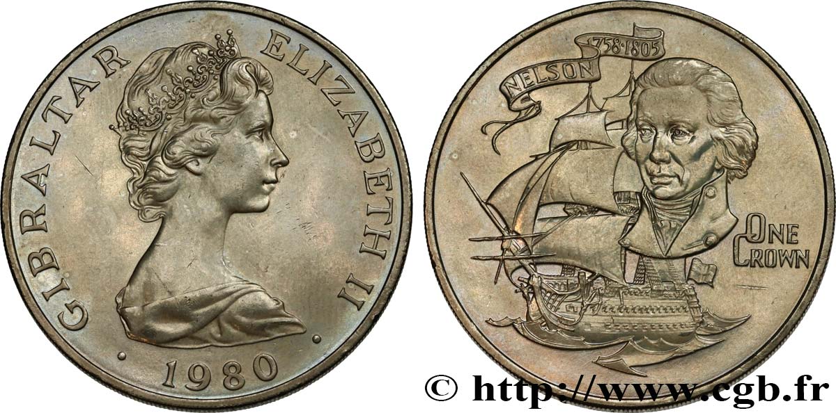 GIBRALTAR 1 Crown Elisabeth II / 175e anniversaire de la mort de l’amiral Nelson 1980  SUP 