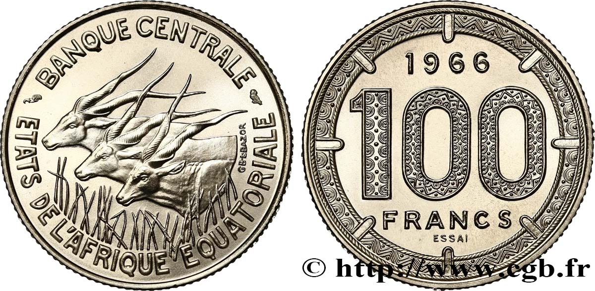 ÁFRICA ECUATORIAL  Essai de 100 Francs antilopes 1966 Paris SC 