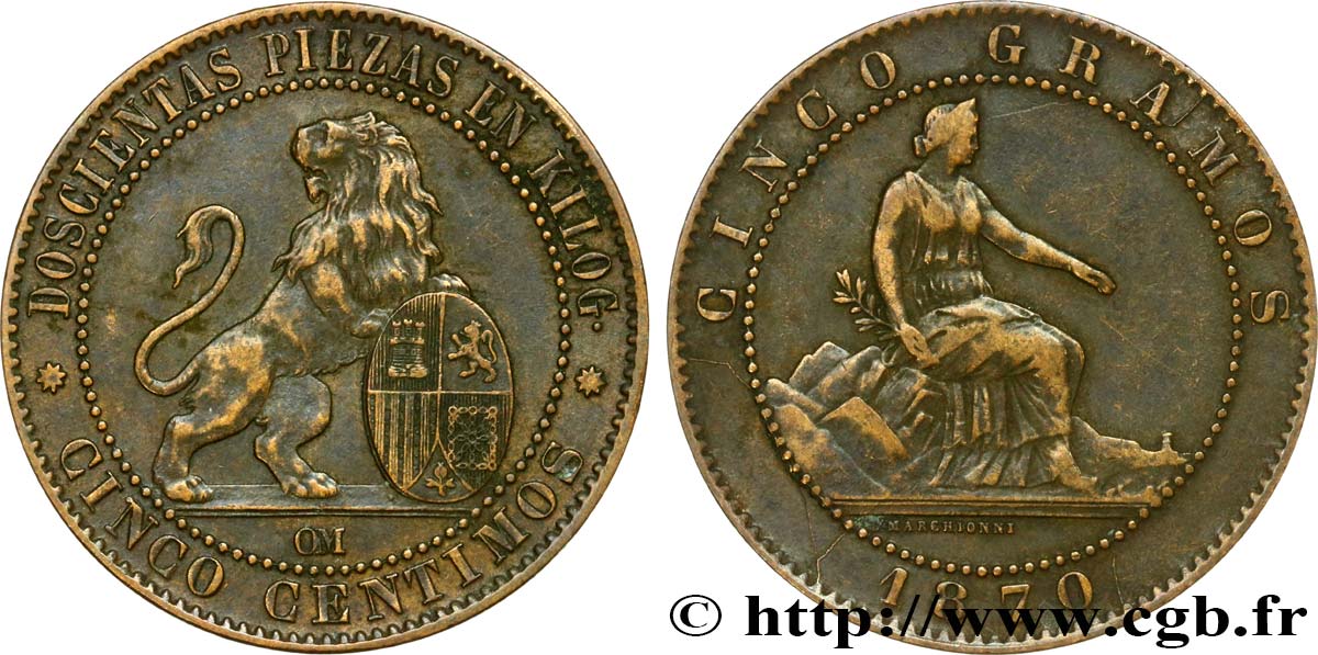 SPAIN 5 Centimos “ESPAÑA” assise / lion au bouclier 1870 Oeschger Mesdach & CO XF 
