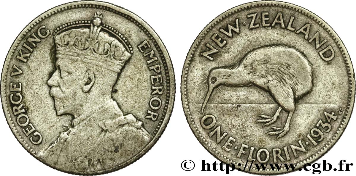 NEW ZEALAND 1 Florin Georges V / kiwi 1934  VF 