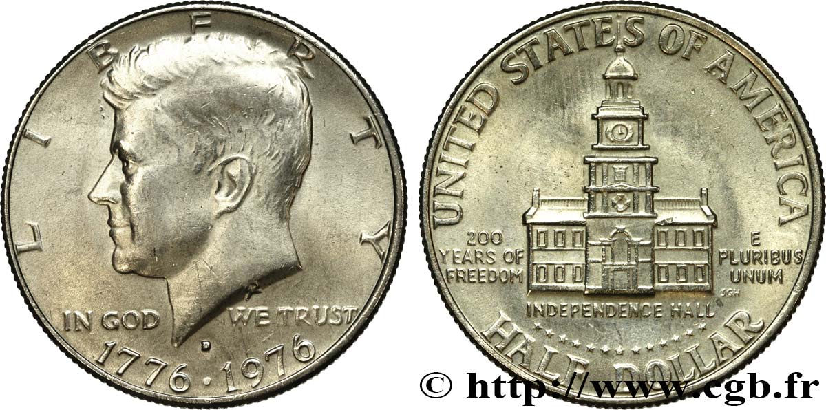 ÉTATS-UNIS D AMÉRIQUE 1/2 Dollar Kennedy / Independence Hall bicentenaire 1976 Denver SUP 