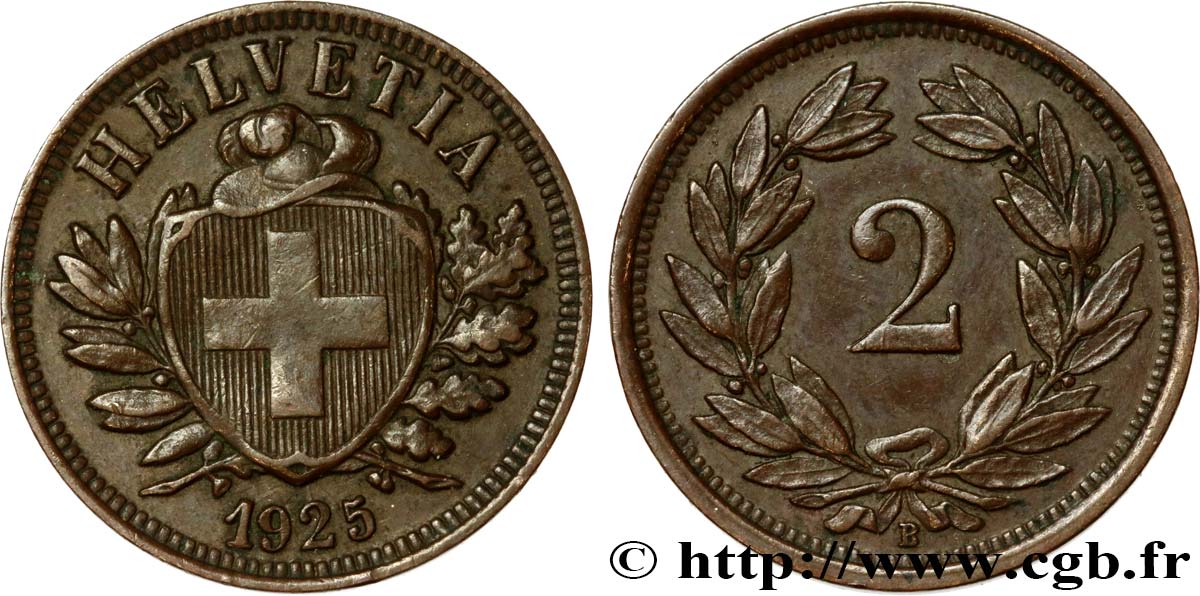SUISSE 2 Centimes (Rappen) croix suisse 1925 Berne - B SUP 