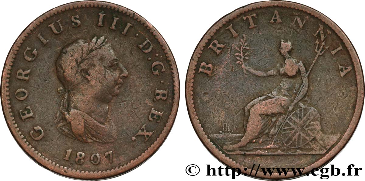 ROYAUME-UNI 1/2 Penny Georges III tête laurée 1807  TB 