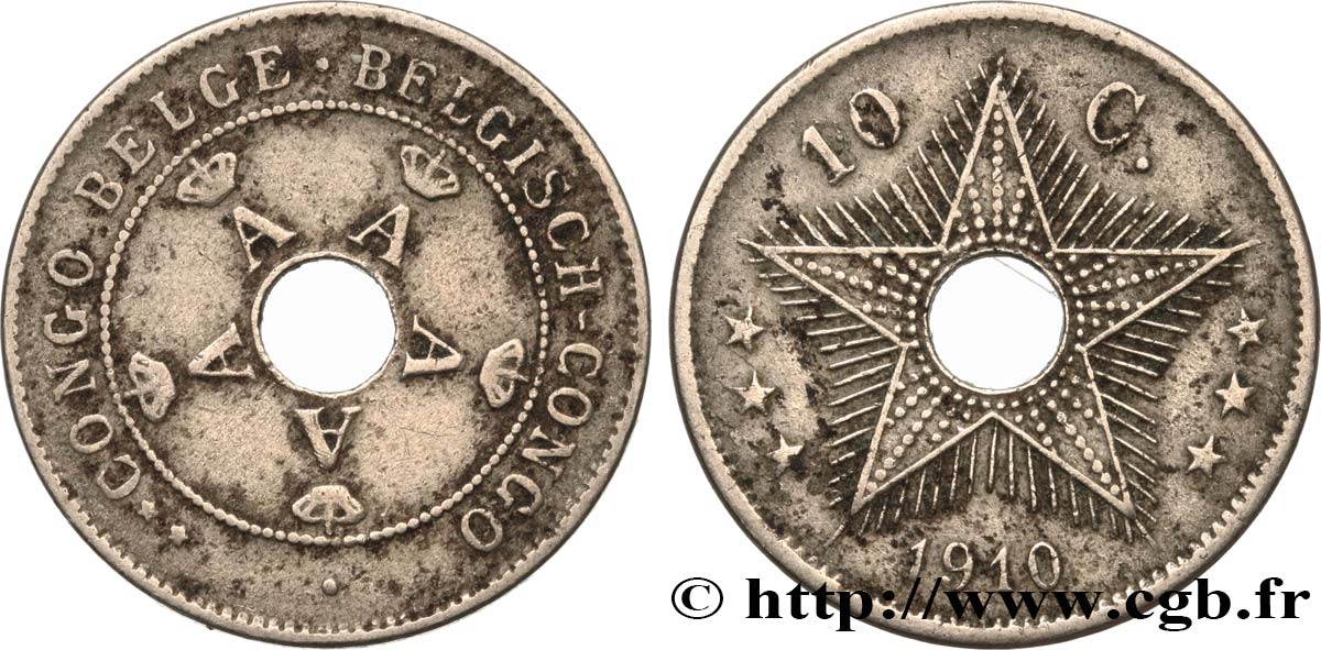 CONGO BELGE 10 Centimes monogramme A (Albert) couronné 1910  TTB 