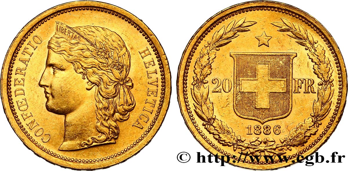 SUISSE 20 Francs Helvetia 1886 Berne SUP 