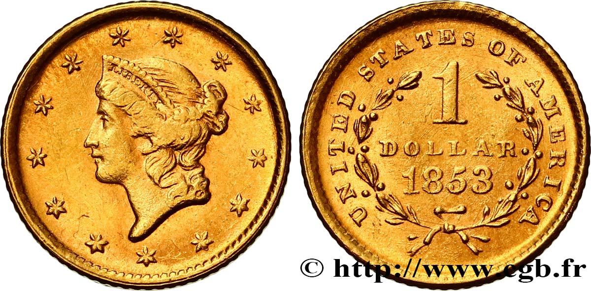 UNITED STATES OF AMERICA 1 Dollar Or  Liberty head  1er type 1853 Philadelphie AU 