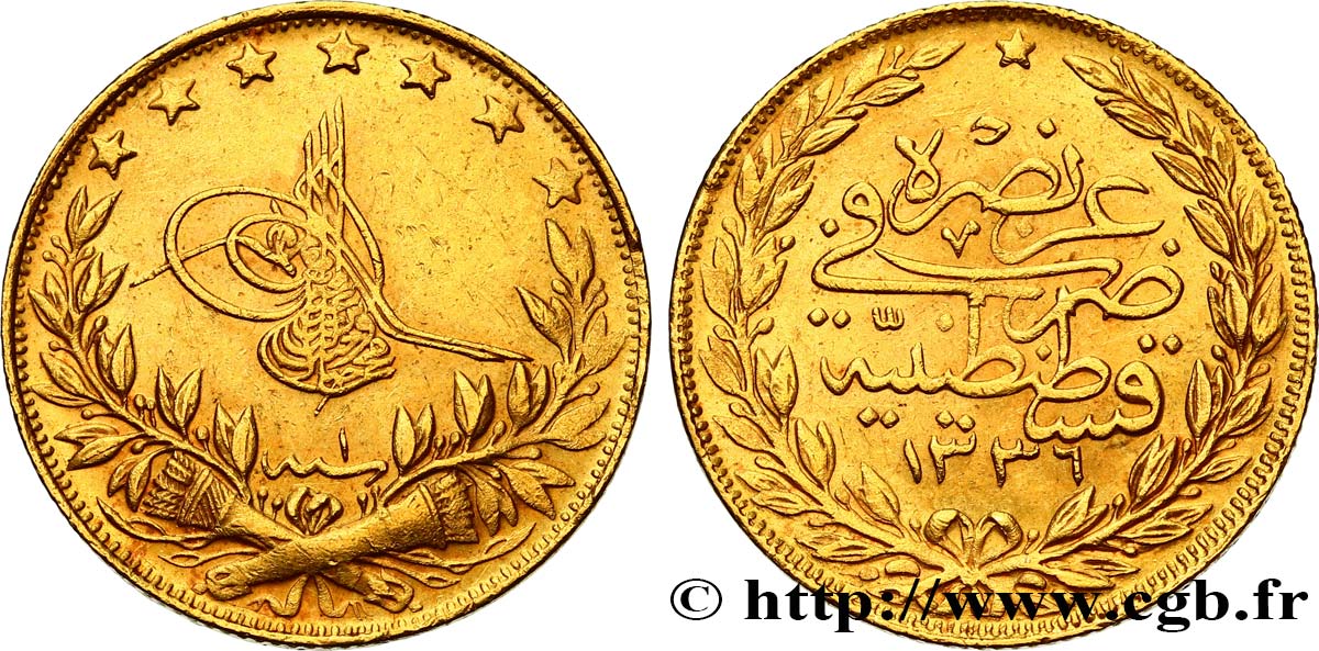 TURKEY 100 Kurush Sultan Mehmed VI AH 1336, An 1 1918 Constantinople AU 