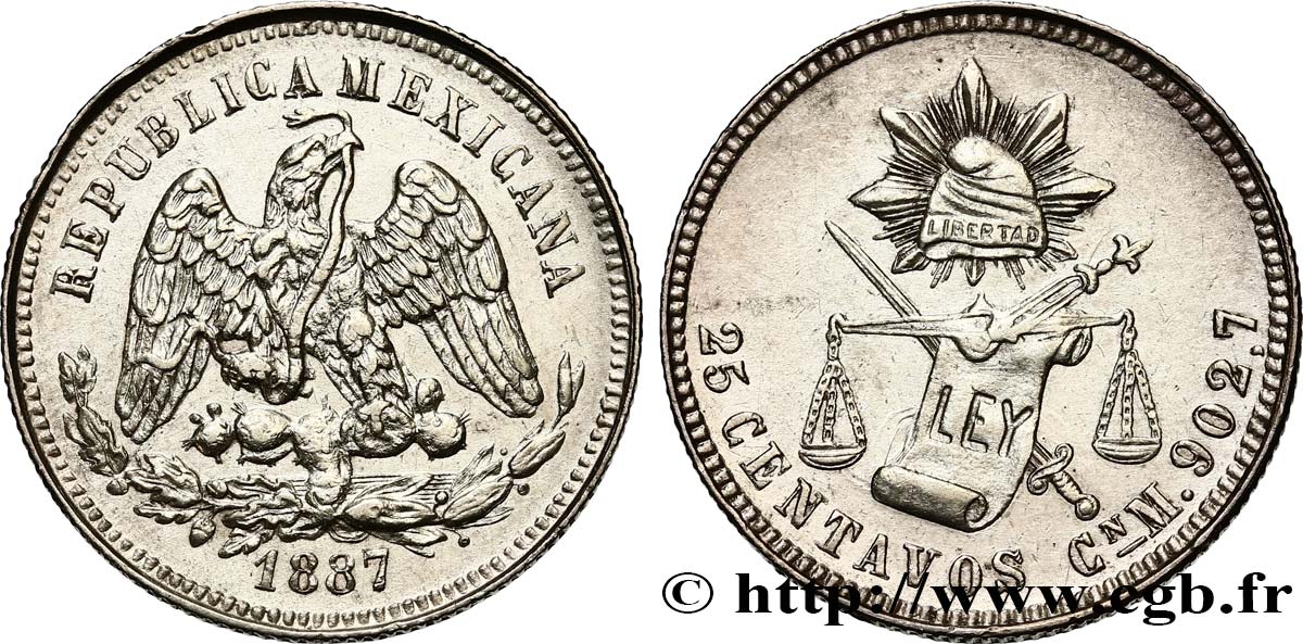 MEXICO 25 Centavos 1887 Culiacan AU 
