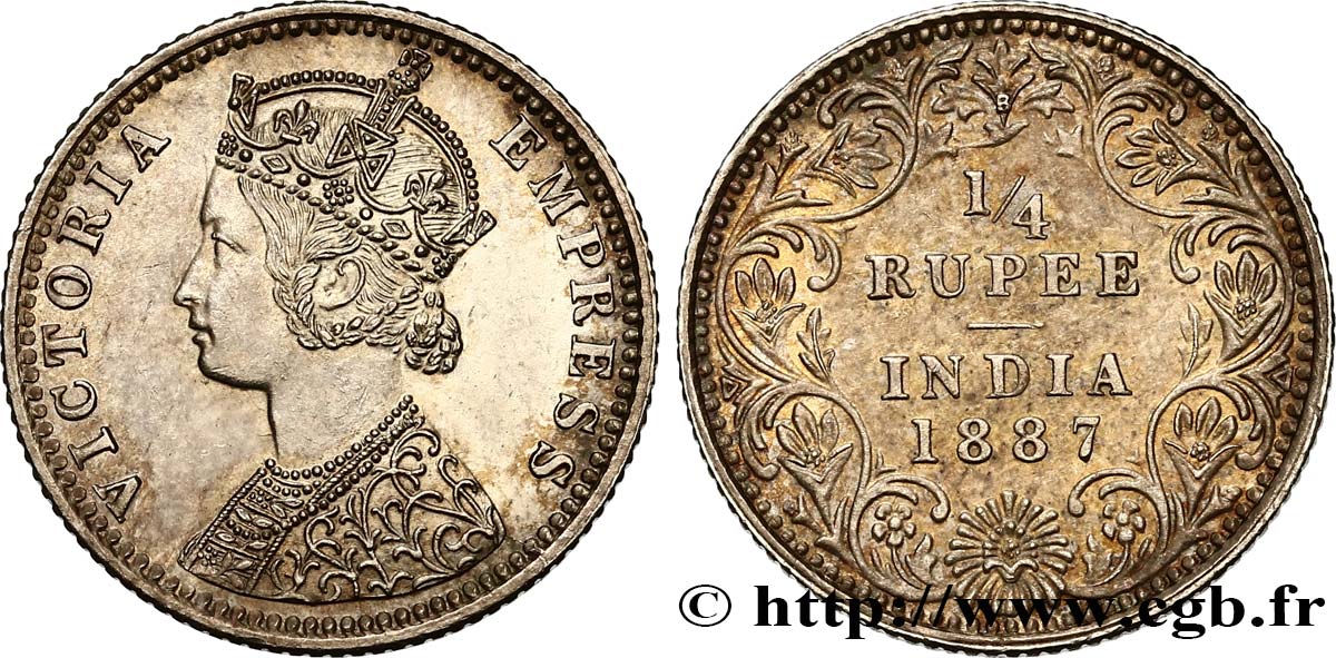 INDIA BRITANNICA 1/4 Rupee (Roupie) Victoria 1887 Bombay MS 
