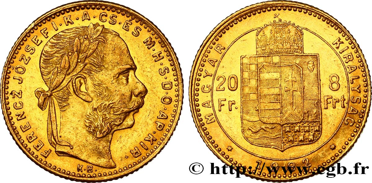 HUNGARY 20 Francs or ou 8 Forint, 2e type François-Joseph Ier 1882 Kremnitz AU 