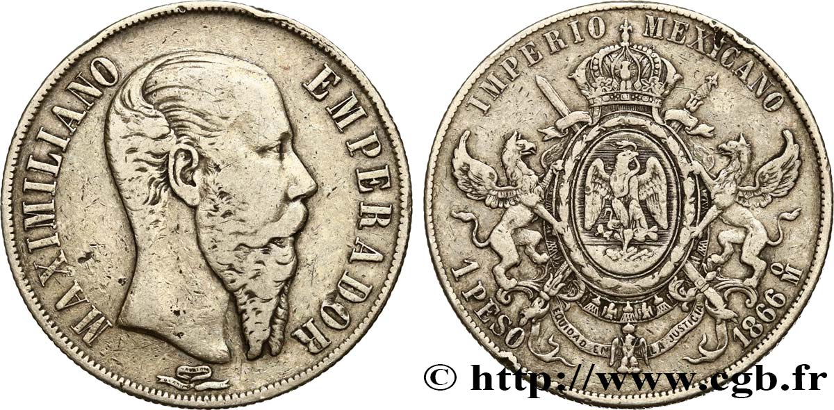 MEXICO - MAXIMILIAN I Peso 1866 Mexico VF 