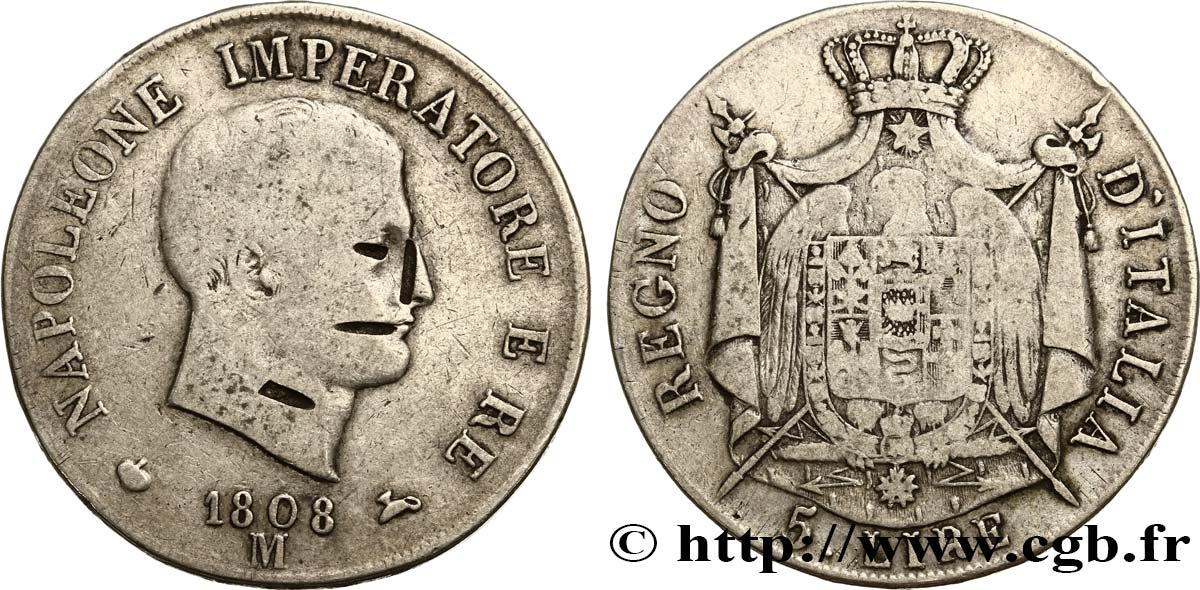 ITALY - KINGDOM OF ITALY - NAPOLEON I 5 Lire 1808 Milan F 