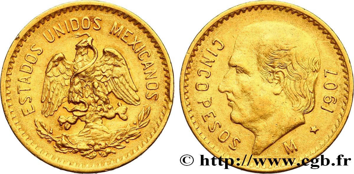 MEXIKO 5 Pesos Miguel Hidalgo 1907 Mexico fVZ 