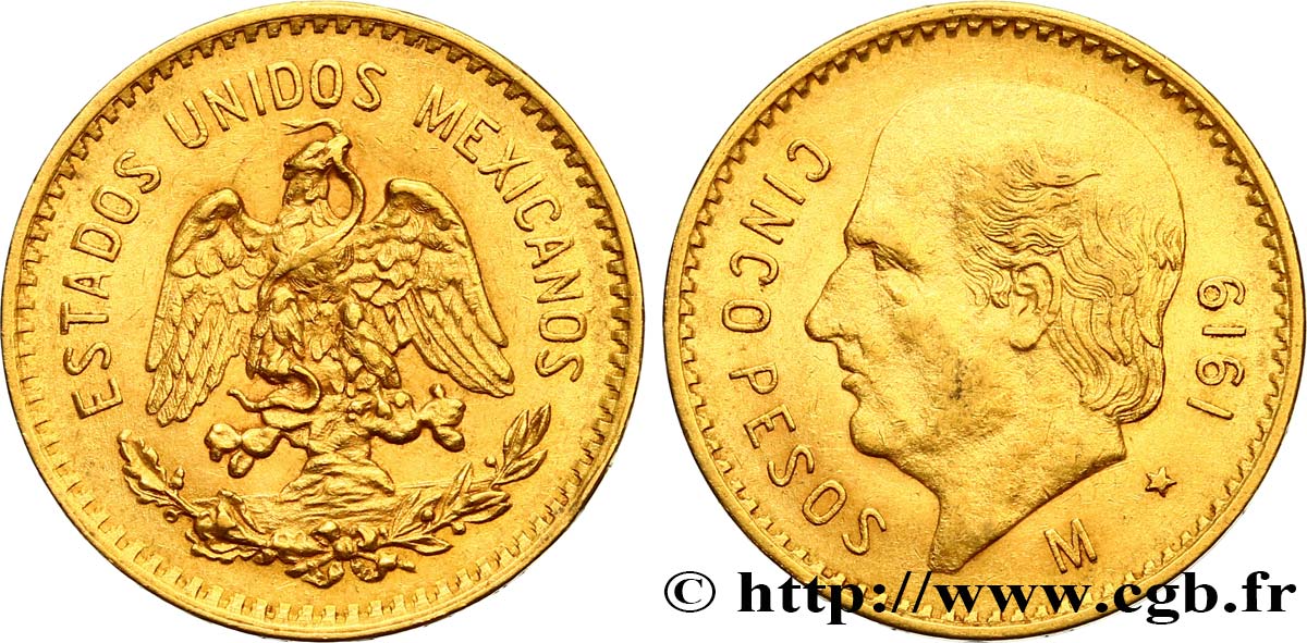 MEXIKO 5 Pesos Miguel Hidalgo 1919 Mexico fVZ 