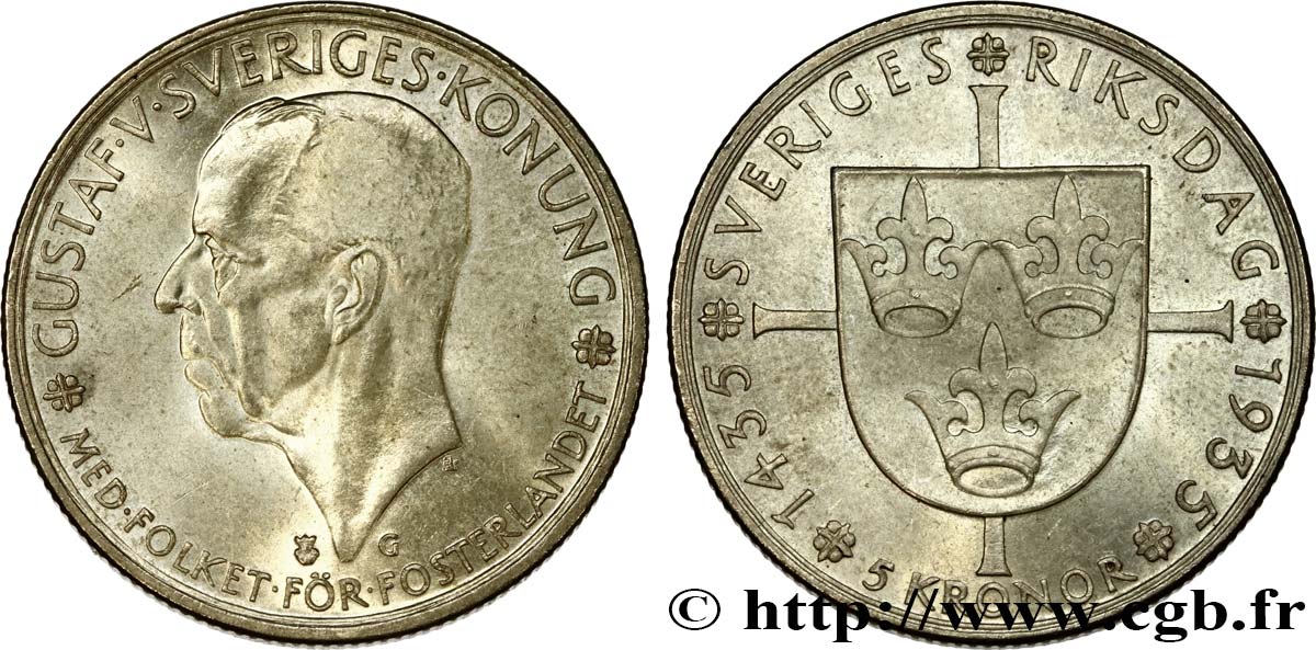 SWEDEN 5 Kronor Gustave V - 500e anniversaire du Riksdag 1935 fwo_478227  World coins