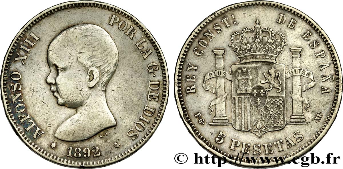 ESPAGNE 5 Pesetas Alphonse XIII 1er type 1892 Madrid TTB/TTB° 