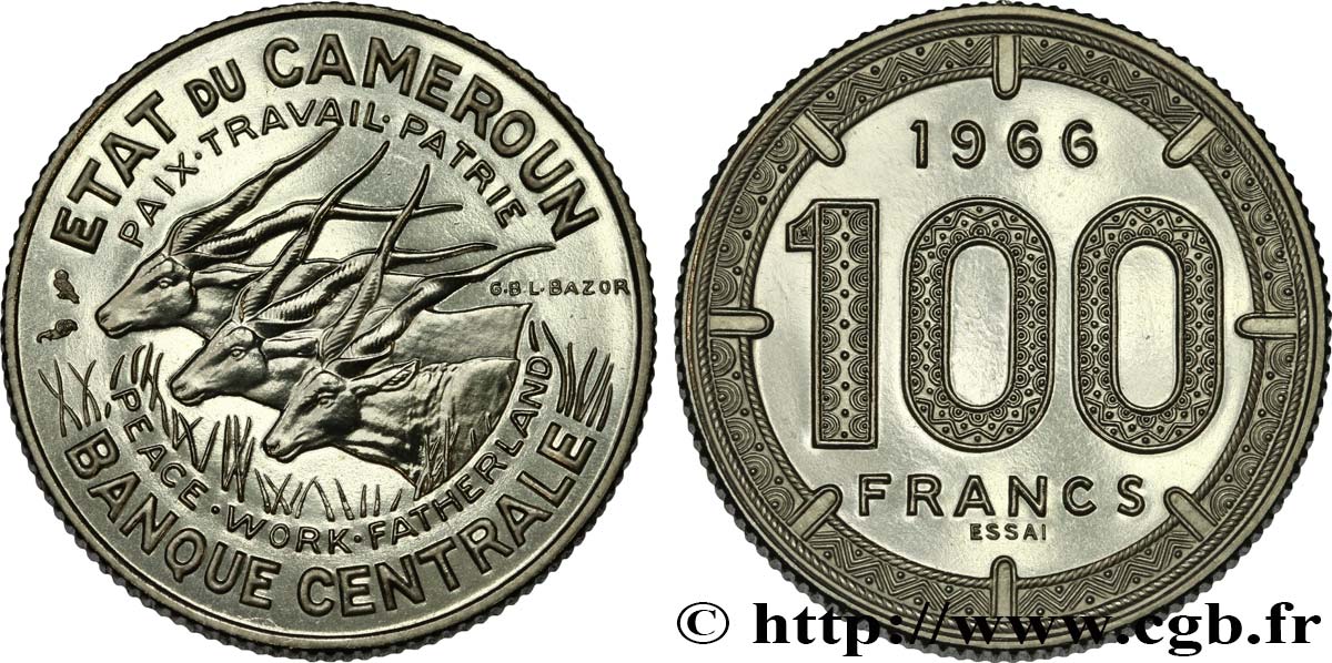 CAMEROUN Essai de 100 Francs Etat du Cameroun, commémoration de l’indépendance, antilopes 1966 Paris SPL 