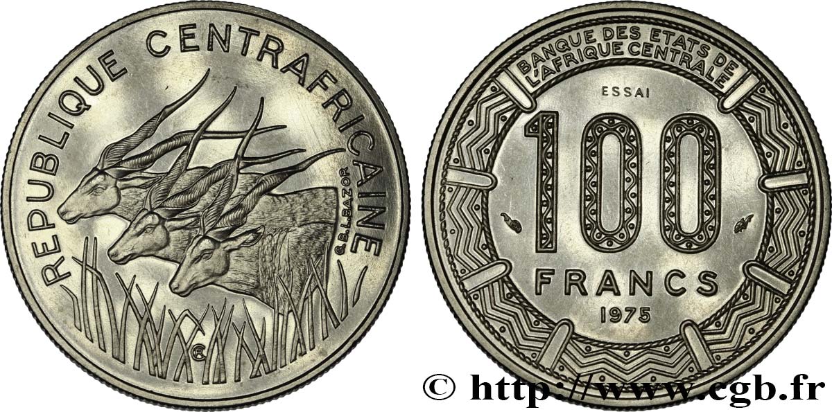 REPUBBLICA CENTRAFRICANA Essai de 100 Francs antilopes type “BEAC” 1975 Paris MS 