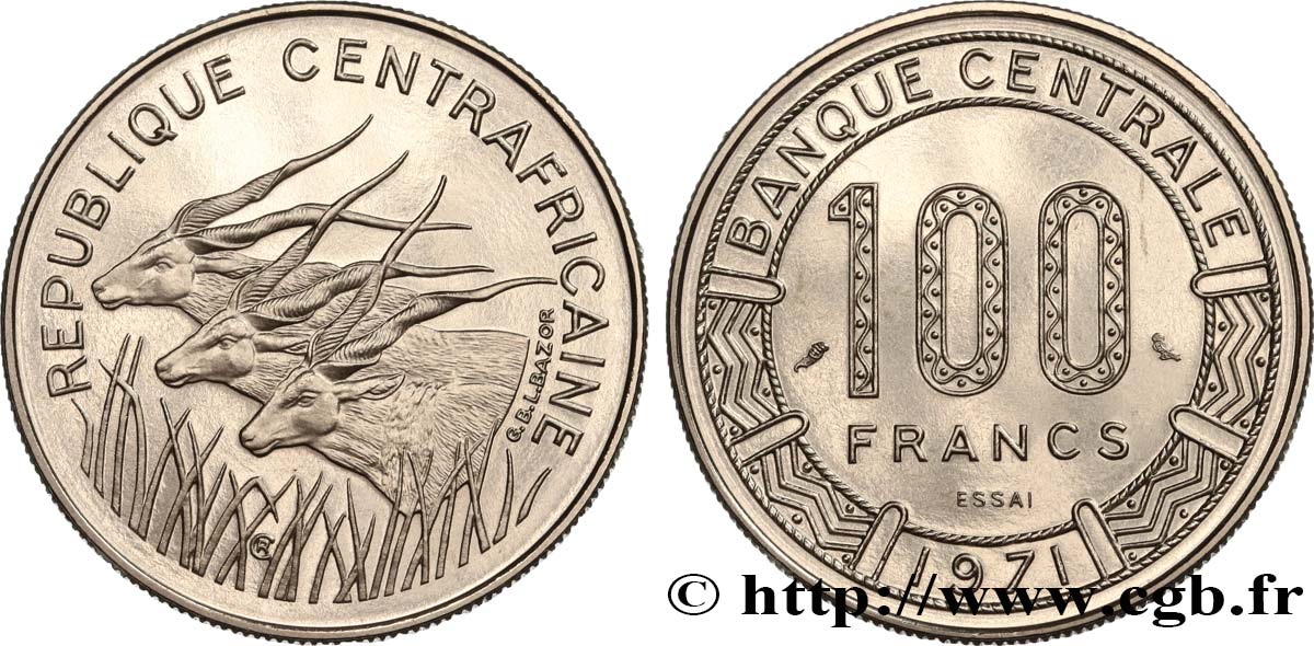 CONGO (RÉPUBLIQUE) Essai de 100 Francs type “Banque Centrale”, antilopes 1971 Paris SPL 