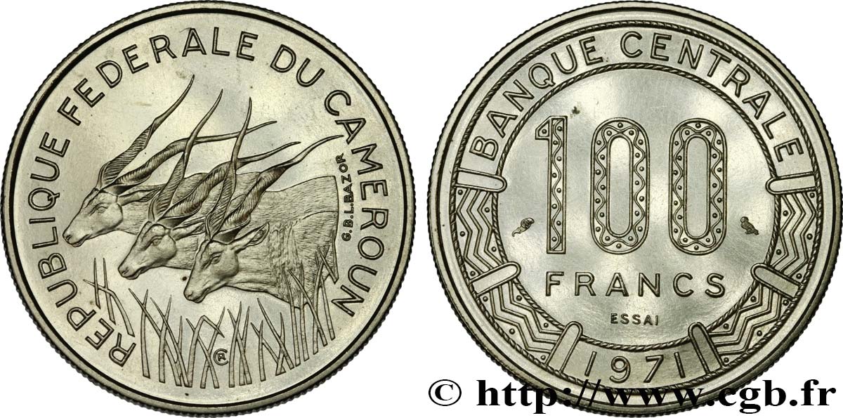 CAMEROUN Essai de 100 Francs République Fédérale du Cameroun, antilopes 1971 Paris SPL 