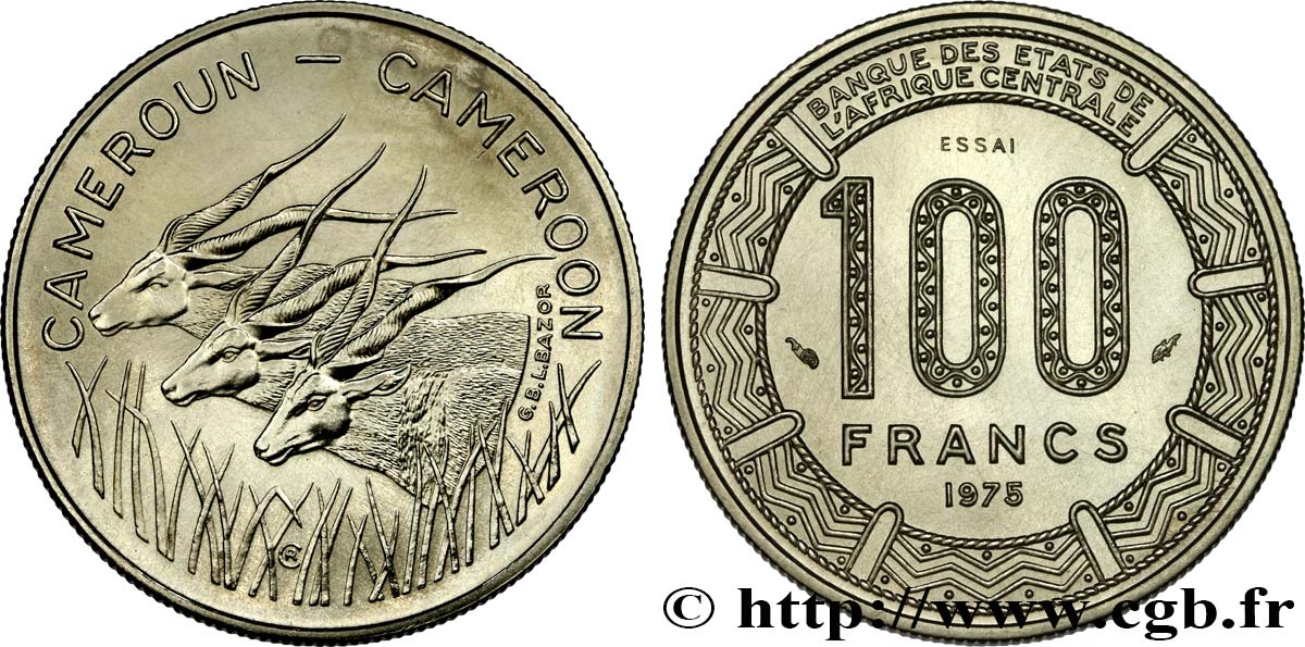 CAMERúN Essai de 100 Francs légende bilingue, type BEAC antilopes 1975 Paris SC 