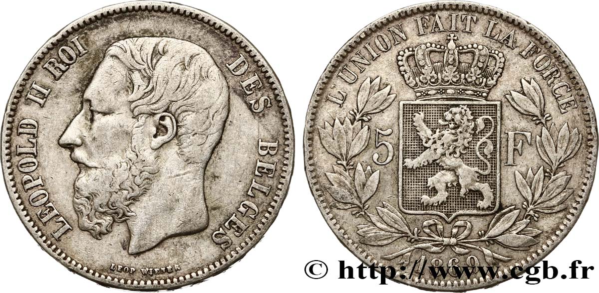 BELGIQUE 5 Francs Léopold II 1869  TB+ 