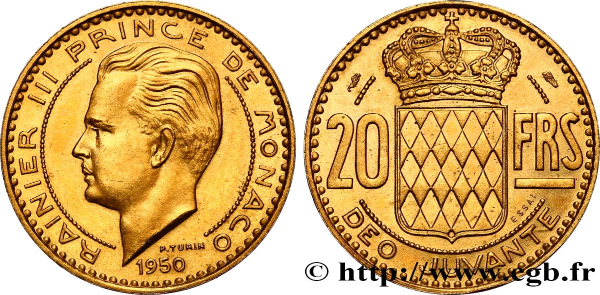 MÓNACO - PRINCIPADO DE MÓNACO - RANIERO III Essai en or de 20 francs 1950 Paris SC 