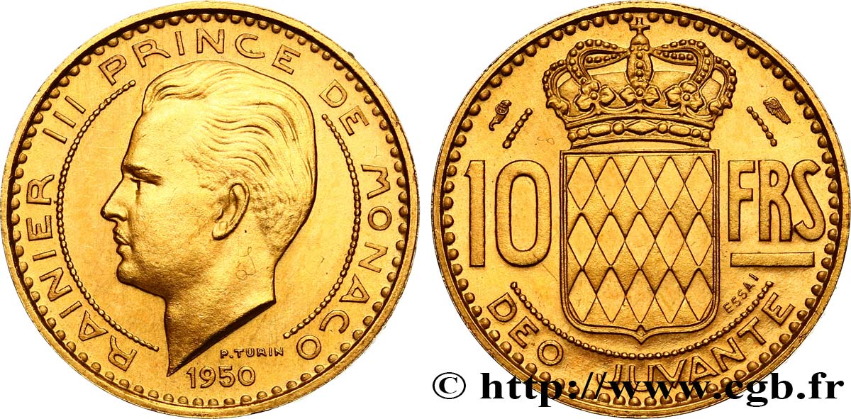 MÓNACO - PRINCIPADO DE MÓNACO - RANIERO III Essai en or de 10 francs 1950 Paris SC 