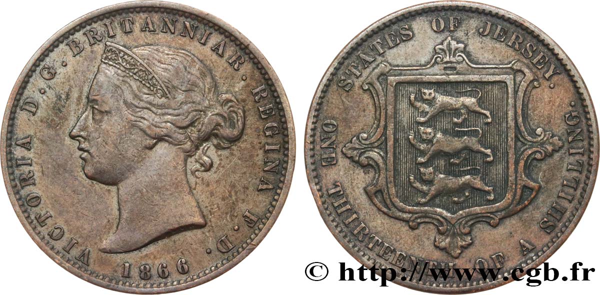 ISLA DE JERSEY 1/13 Shilling Reine Victoria / armes du Baillage de Jersey 1866  BC 