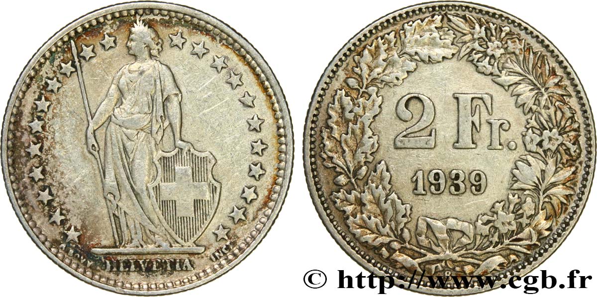 SWITZERLAND 2 Francs Helvetia 1939 Berne - B XF 
