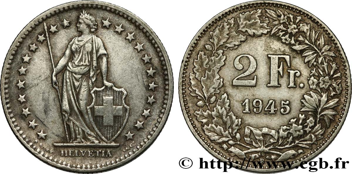 SUISSE 2 Francs Helvetia 1945 Berne TTB 