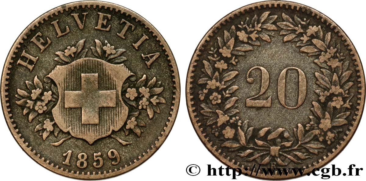 SUISSE 20 Centimes (Rappen) croix suisse 1859 Berne - B TTB 