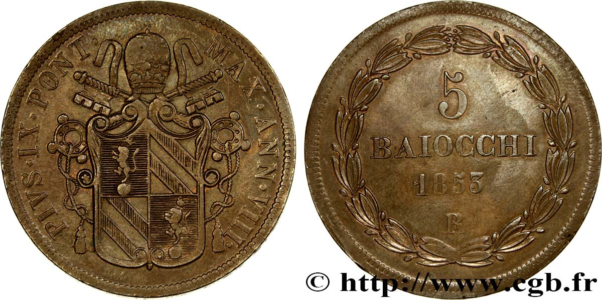VATICAN AND PAPAL STATES 5 Baiocchi Pie IX an VIII 1853 Rome AU 