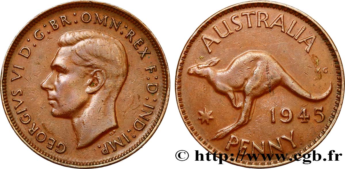 AUSTRALIE 1 Penny Georges VI / grand kangourou 1945 Perth TTB 
