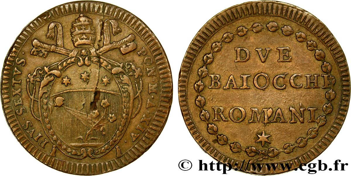 VATICAN ET ÉTATS PONTIFICAUX 2 Baiocchi Pie VI an XIV 1788 Rome TTB+ 